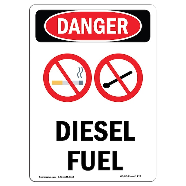 Safety Sign, OSHA Danger, 5" Height, Diesel Fuel, Portrait, 10PK